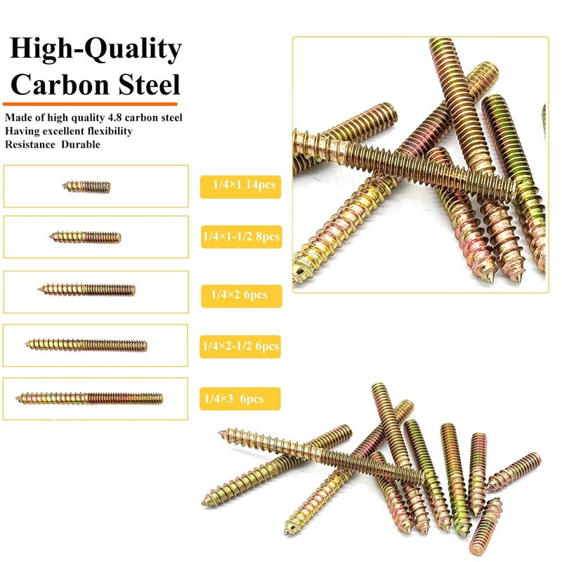 Matrelt 40 Pack 1/4-20" Hanger Bolts 5Sizes 1-3 Inch Double Headed Bolts Wood Dowel Screw Self-Tapping Screw for Wood Furniture Double Threaded Rods Bolt - Image 3